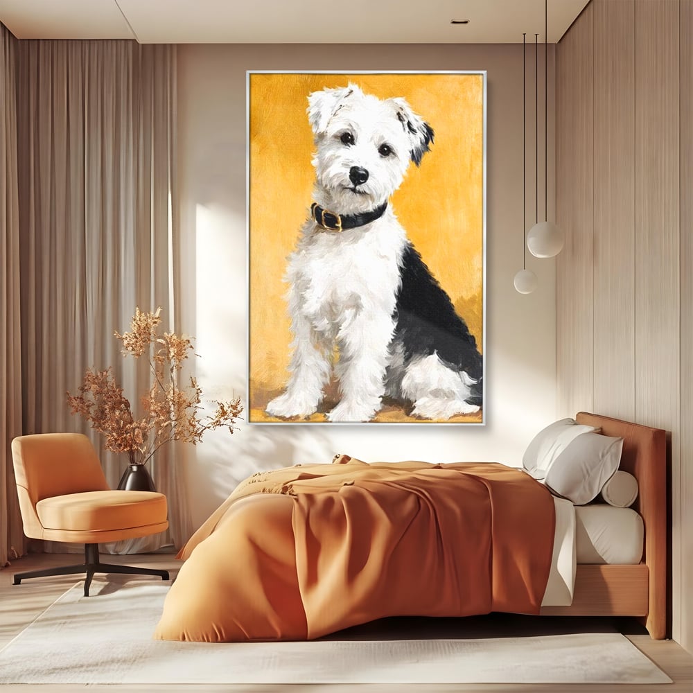 Tablou canvas cu tablou canvas cu un catel pufos, in rama de aluminiu argintiu, pe perete intr-un dormitor